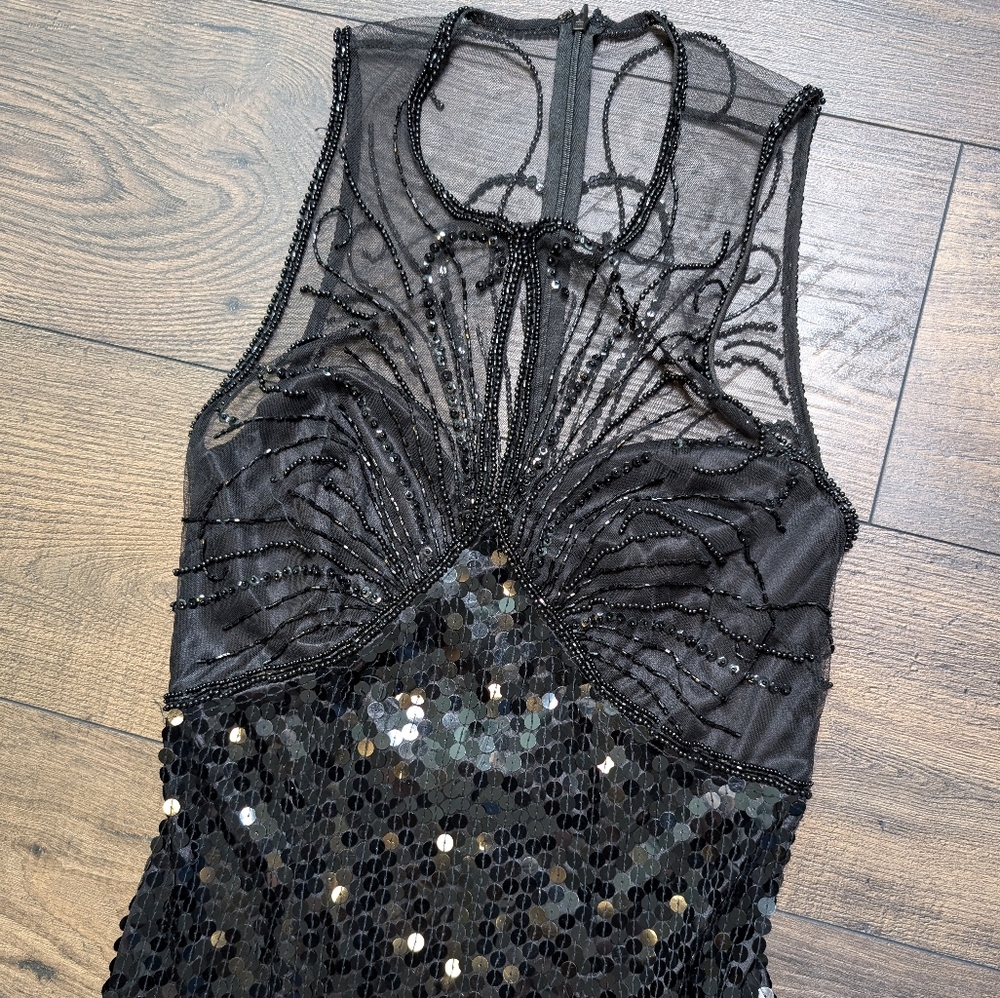 RARE NITELINE Della Roufogali Black Beaded Sequin Maxi/Midi Dress Vintage Size 4